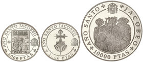 Juan Carlos I. Lote 3 monedas 2.000, 10.000 y 80.000 Pesetas. 1993. AÑO SANTO JACOBEO. AR, AU. Contiene un duro de plata, un cincuentín y una onza de ...