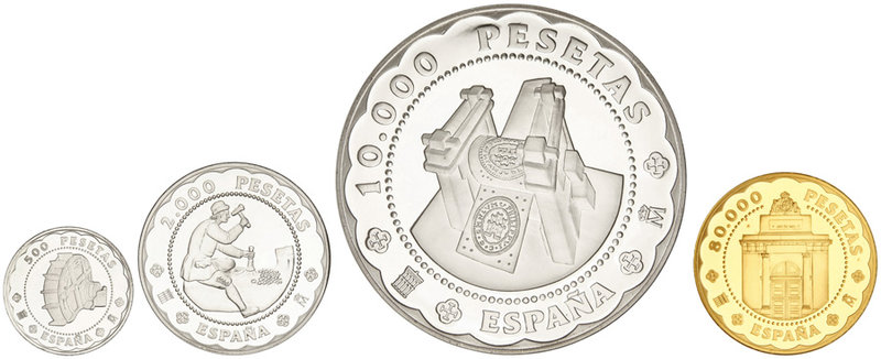 Juan Carlos I. Serie 4 monedas 500, 2.000, 10.000 y 80.000 Pesetas. 2001. CASA D...