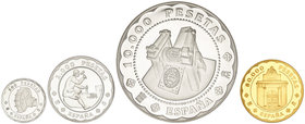 Juan Carlos I. Serie 4 monedas 500, 2.000, 10.000 y 80.000 Pesetas. 2001. CASA DE LA MONEDA DE SEGOVIA. AR, AU. Serie completa. En estuche original, c...