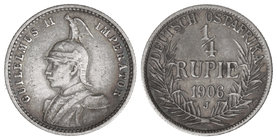 German East Africa. 1/4 Rupia. 1906-J. GUILLERMO II. HAMBURGO. 2,90 grs. AR. Pátina. ESCASA. KM-8. MBC+.