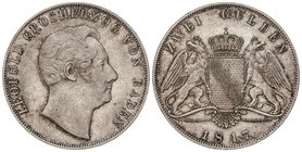 German States. 2 Gulden. 1847. LEOPOLDO I. BADEN. 21,14 grs. AR. (Pequeños golpecitos). Leve pátina. KM-222. EBC-.