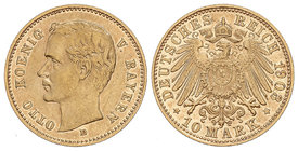 German States. 10 Marcos. 1903-D. BAVIERA. 3,96 grs. AU. Restos de brillo original. KM-514. EBC/EBC+.