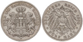 German States. 5 Marcos. 1908-J. HAMBURGO. 27,80 grs. AR. KM-610. EBC-.