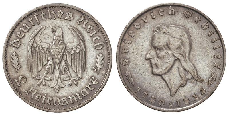 Germany. 2 Reichsmark. 1934-F. III REICH. STUTTGART. 7,90 grs. AR. 175 aniversar...