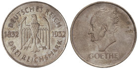 Germany. 3 Reichsmark. 1932-G. REPÚBLICA DE WEIMAR. KARLSRUHE. 14,90 grs. AR. Centenario muerte Goethe. KM-76. EBC-.