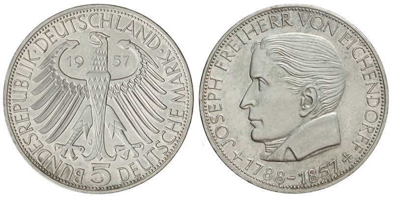 Germany. 5 Marcos. 1957-J. HAMBURGO. 11,20 grs. AR. Centenario muerte Von Eichen...