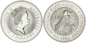 Australia. 2 Dólares. 1992. 2 onzas. AR. Kookaburra sobre tocón mirando a izquierda. En cápsula original. A EXAMINAR. KM-179. PROOF.
