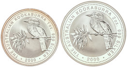 Australia. Lote 2 monedas 1 y 2 Dólares. 2000. AR. Kookaburra en rama a izquierda. KM- 416, 417.1. PROOF.