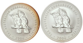 Australia. Lote 2 monedas 1 y 2 Dólares. 2006. AR. Kookaburras sobre rama, uno de ellos riendo. KM-886 var. fecha, 887 var. fecha. PROOF.
