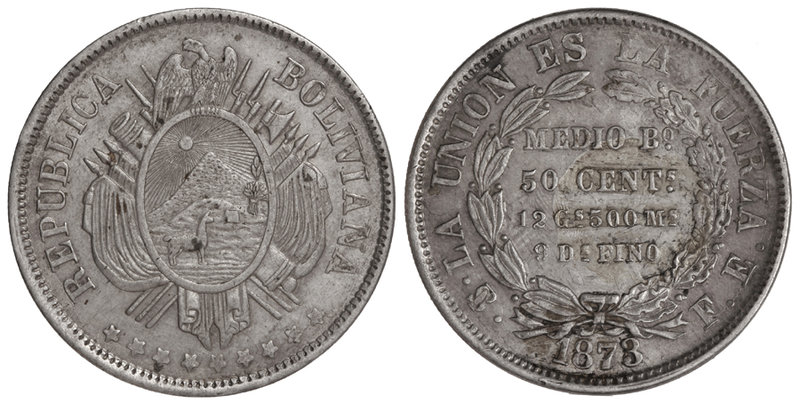 Bolivia. 50 Centavos (1/2 Boliviano). 1873-PTS. POTOSÍ. F.E. 12,44 grs. AR. KM-1...