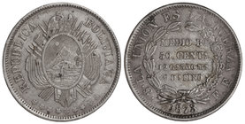 Bolivia. 50 Centavos (1/2 Boliviano). 1873-PTS. POTOSÍ. F.E. 12,44 grs. AR. KM-161.2. MBC+.