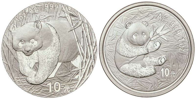 China. Lote 2 monedas 10 Yuan. 2000 y 2001. AR. Panda sentado con bambú y Panda ...