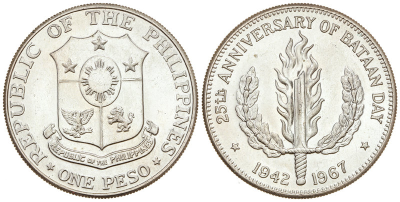 Philippines. 1 Peso. 1967. 26,80 grs. AR. 25 aniversario Día de Bataan. KM-195. ...