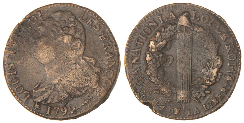 France. 2 Soles. 1792-W. LUIS XVI. LILLE. 23,99 grs. AE. Pátina irregular. KM-60...