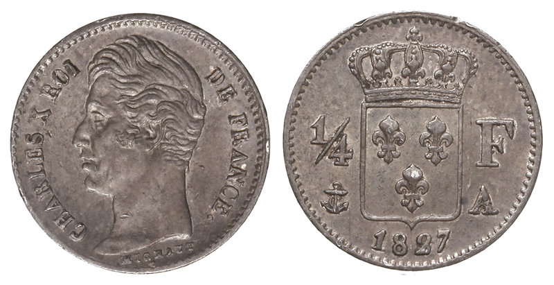 France. 1/4 Franco. 1829-A. CARLOS X. PARÍS. 1,27 grs. AR. Pátina. KM-722.1. EBC...