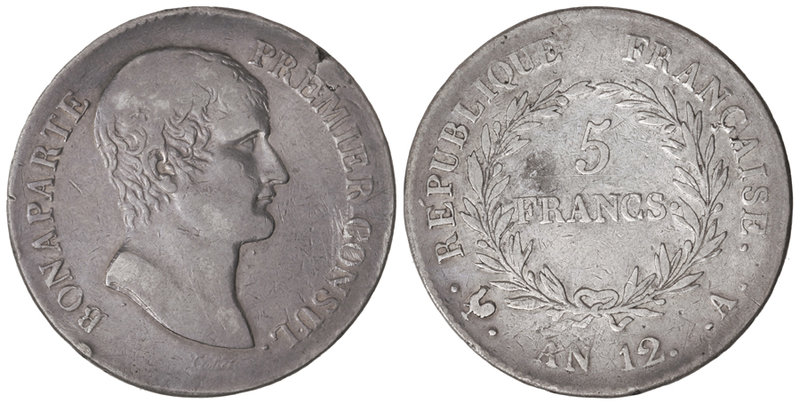 France. 5 Francos. Año 12-A (1803-1804). BONPARTE PRIMER CÓNSUL. PARÍS. 24,89 gr...