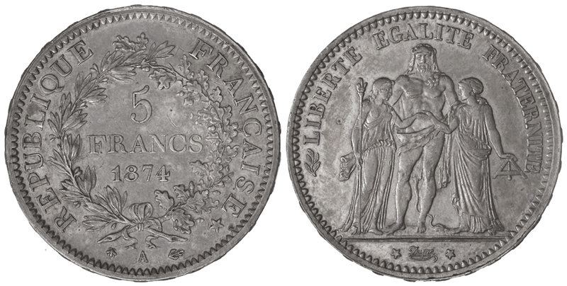 France. 5 Francos. 1874-A. III REPÚBLICA. PARÍS. 25,03 grs. AR. Grupo Hércules. ...