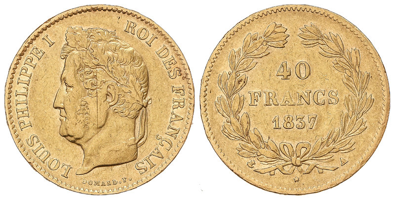 France. 40 Francos. 1837-A. LUIS FELIPE I. PARÍS. 12,87 grs. AU. (Golpecitos y r...