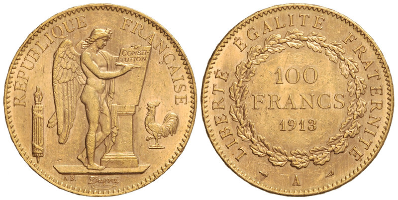 France. 100 Francos. 1913-A. PARÍS. 32,28 grs. AU. (Leves marquitas). Restos de ...