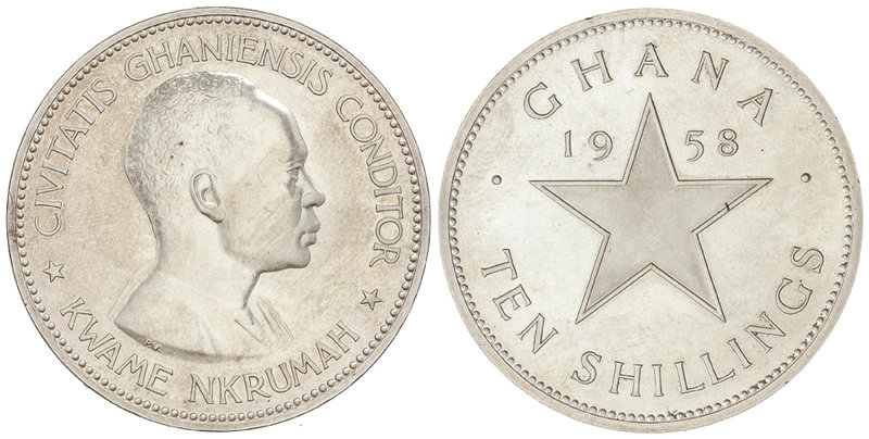 Ghana. 10 Shillings. 1958. 28,05 grs. AR. Independencia de Ghana. KM-7. SC.