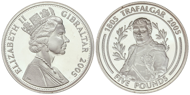 Gibraltar. 5 Libras. 2005. 28,40 grs. AR. II Centenario Batalla de Trafalgar: Na...