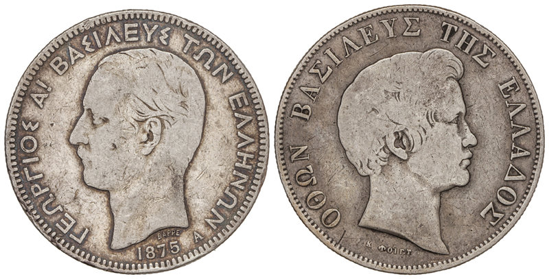 Greece. Lote 2 monedas 5 Dracmas. 1833 y 1875-A. OTHÓN y JORGE I. PARÍS. AR. A E...