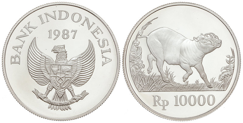 Indonesia. 10.000 Rupias. 1987. AR. Cerdo salvaje. KM-45. PROOF.