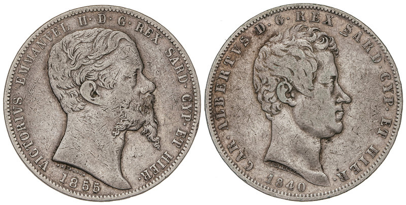 Italian States. Lote 2 monedas 5 Liras. 1840 y 1855. CARLOS ALBERTO y VÍCTOR MAN...