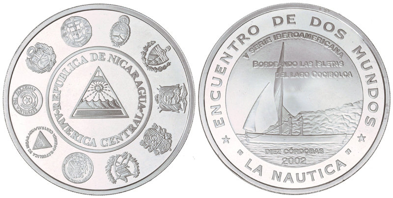 Nicaragua. 10 Córdobas. 2002. 27 grs. AR. Encuentro entre dos mundos: Naútica. K...