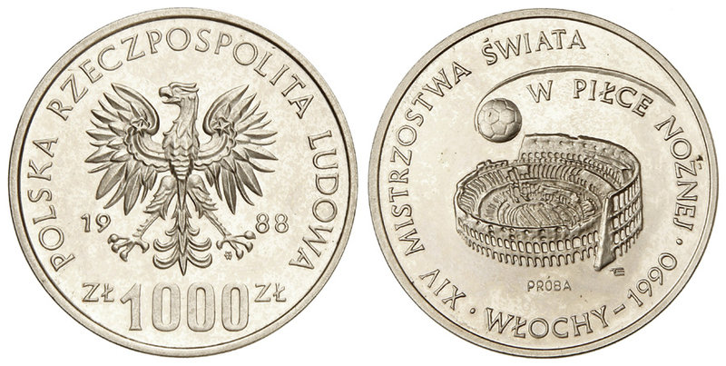 Poland. 1.000 Zlotych. 1988. 16,42 grs. AR. Mundial de Fútbol Italia´90. PROBA. ...