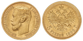 Russia. 5 Rublos. 1898. NICOLÁS II. SAN PETERSBURGO. 4,30 grs. AU. (Leves rayitas). Y-62. EBC-.