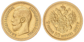 Russia. 7 Rublos 50 Kopeks. 1897-AG. NICOLÁS II. SAN PETERSBURGO. 6,44 grs. AU. (Peqeñas rayitas). Ensayador: A¶. Y-63. EBC-.