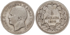 Serbia. 5 Dinara. 1879. PRÍNCIPE MILÁN I. 24,72 grs. AR. KM-12. MBC-.
