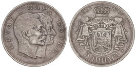 Serbia. 5 Dinara. 1904. PEDRO I. 24,8 grs. AR. Centenario de la dinastía Karageorgevich. (Pequeños golpecitos). Pátina. KM-27. MBC.