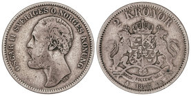Sweden. 2 Coronas. 1876-EB. OSCAR II. 14,69 grs. AR. KM-742. BC+.