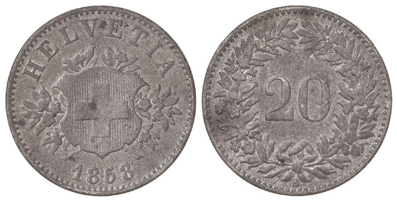 Switzerland. 20 Rappen. 1858-B. BERNA. 3,02 grs. Ve. (Leves oxidaciones). KM-7. ...