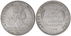 Switzerland. Genevoise (10 Décimas). 1794-TB. REPÚBLICA DE GINEBRA. Rev.: L´AN III DE L´EGALITE... Acuñación Revolucionaria. 30,40 grs. AR. (Algunas z...