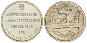 Switzerland. 5 Francos. 1939-B. BERNA. 15 grs. AR. Exposición de Zurich. KM-43. SC.