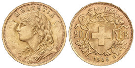 Switzerland. 20 Francos. 1935-LB. 6,44 grs. AU. KM-35.1. EBC+.