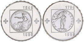 Switzerland. Lote 2 monedas 20 Francos. 1998-B. BERNA. AR. 200 aniversario República Helvética y 150 aniversario Confederación. En un solo estuche ori...