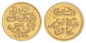 Turkey. 5 Piastras. 1281H. ABDUL AZIZ con MUHAMMAD AL-SADIQ BEY. TUNIS. 0,91 grs. AU. KM-162. EBC-.