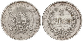 Uruguay. 1 Peso. 1893. 24,72 grs. AR. (Rayitas). KM-17a. (MBC+).