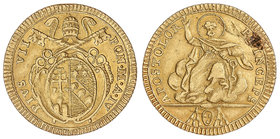 Doppia. Año IV (1803). PÍO VII. ROMA. 5,40 grs. AU. (Hoja en reverso). Fr-248 ; KM-1070. MBC.