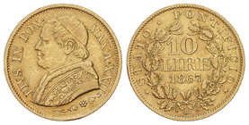 10 Liras. 1867 XXII-R. PIO IX. 3,18 grs. AU. (Pequeños golpecitos). KM-1381.2. EBC-/MBC+.