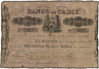 Spanish Banknotes. 500 Reales de Vellón. 15 Febrero 1856. BANCO DE CÁDIZ. I Emisión. (Reparaciones). Ed-72. MBC-.