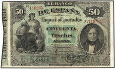 Spanish Banknotes. 50 Pesetas. 1 Enero 1884. Mendizábal. (Restaurado). ESCASO. Ed-283. (MBC+).