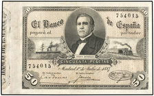 Spanish Banknotes. 50 Pesetas. 1 Julio 1884. Bravo Murillo. (Restaurado). MUY RARO. Ed-288. (MBC+).