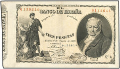 Spanish Banknotes. 100 Pesetas. 1 Junio 1889. Goya. (Leves reparaciones). BONITO EJEMPLAR. RARO. Ed-299. (EBC-).