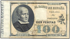 Spanish Banknotes. 100 Pesetas. 24 Junio 1898. Jovellanos. (Restaurado con manchitas). MUY ESCASO. Ed-305. (BC+).