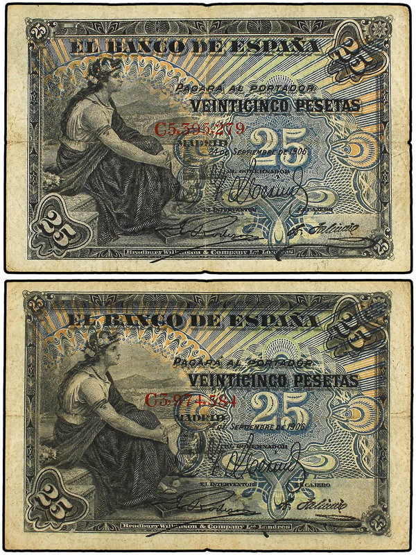 Spanish Banknotes. Lote 2 billetes 25 Pesetas. 24 Septiembre 1906. Serie C. (Suc...